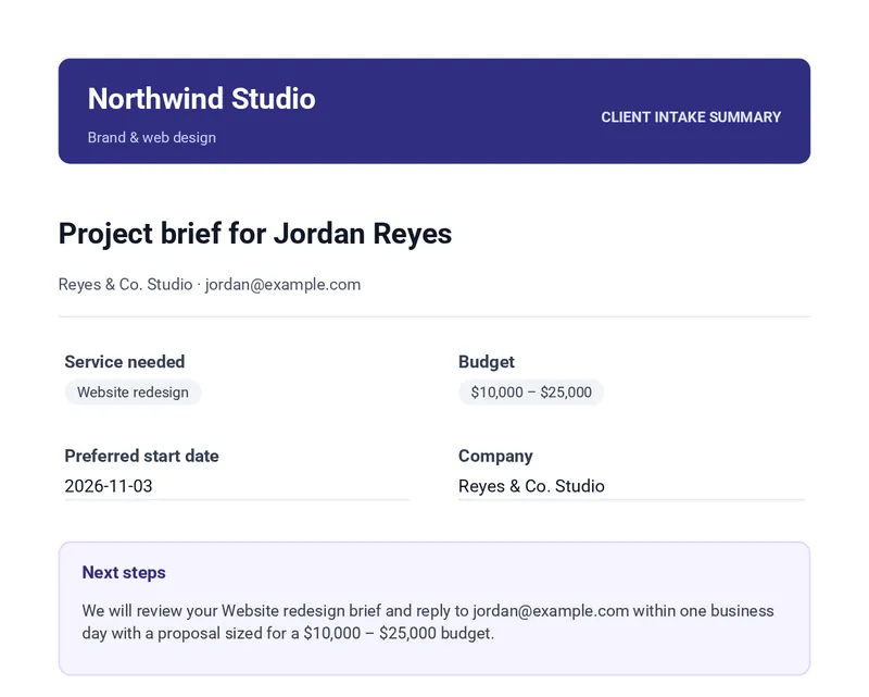 First page of a branded client intake summary PDF built in the PDF Editor