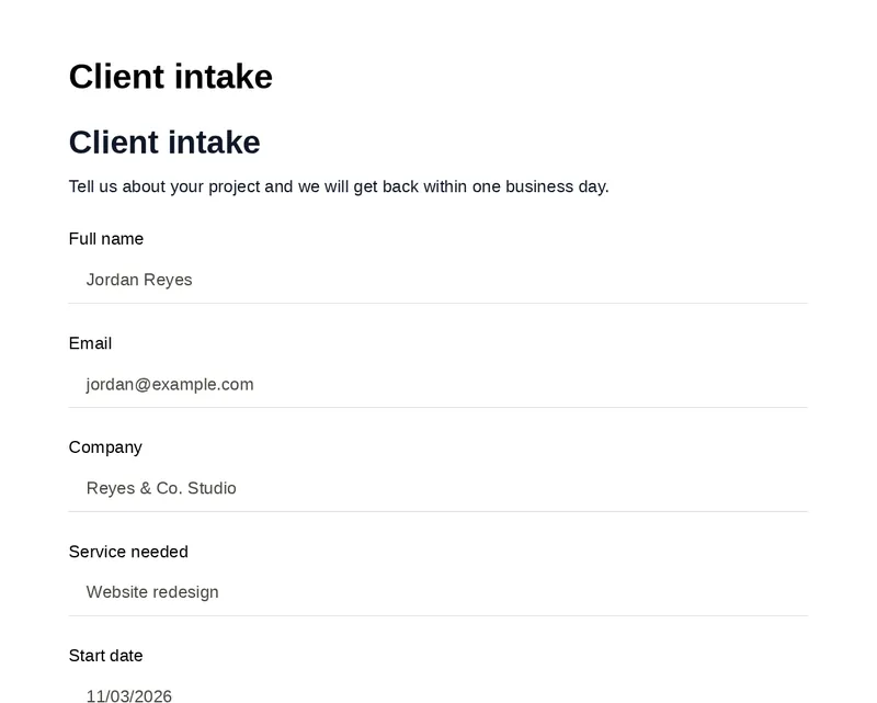 First page of a Document layout PDF generated from a client intake submission