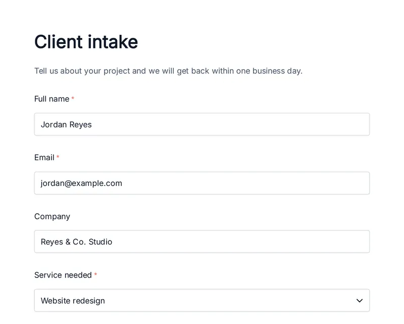 First page of a Form Layout PDF showing the filled-in client intake form