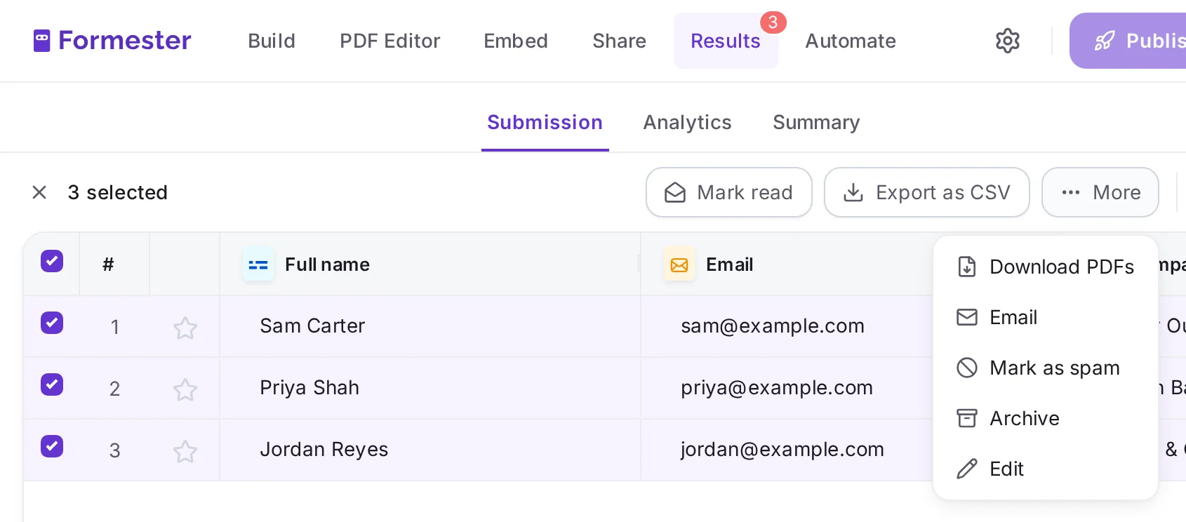 Formester Results with three submissions selected and the More menu open on Download PDFs